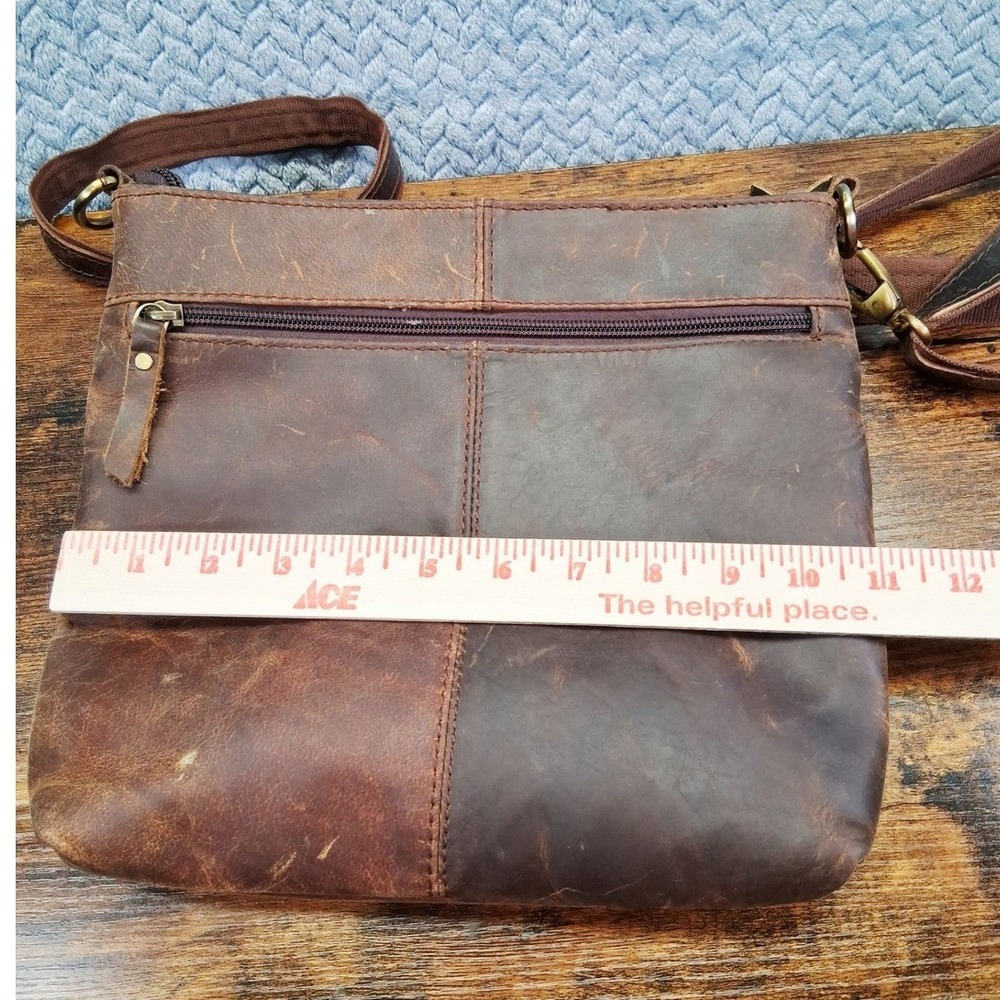 Distressed Brown Leather Crossbody Bag Multi Pocket Messenger Purse Cowgirl Boho - Picture 6 of 12